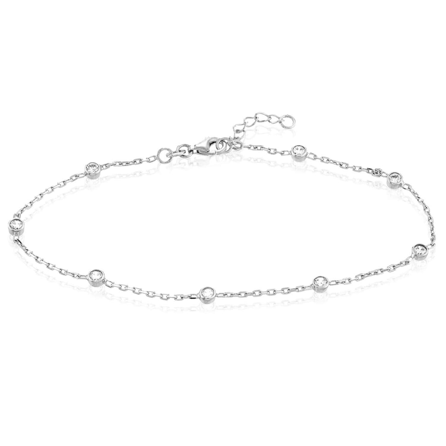 Sterling Silver Rhodium CZ Station Ankle Bracelet 9"-10" Adjustable