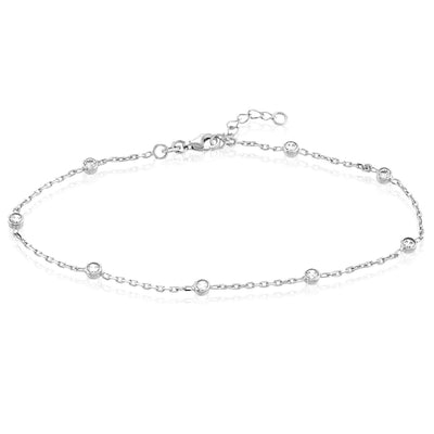 Sterling Silver Rhodium CZ Station Ankle Bracelet (Solid Links) 9" - 10" Adjustable - WJD Exclusives