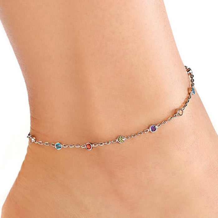 Sterling Silver Multi - Color CZ Bezel Stations Ankle Bracelet (Solid Links) 9" - 10" Adjustable - WJD Exclusives