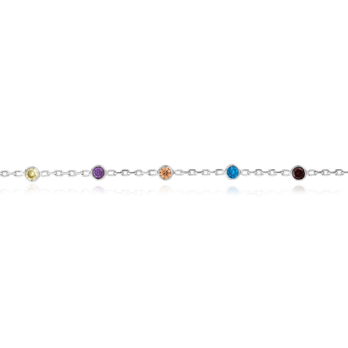 Sterling Silver Multi - Color CZ Bezel Stations Ankle Bracelet (Solid Links) 9" - 10" Adjustable - WJD Exclusives