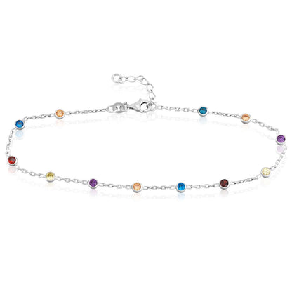 Sterling Silver Multi-Color CZ Bezel Stations Ankle Bracelet 9"-10" Adjustable
