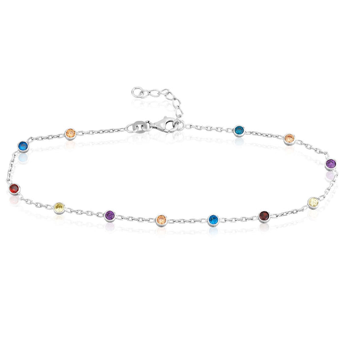 Sterling Silver Multi - Color CZ Bezel Stations Ankle Bracelet (Solid Links) 9" - 10" Adjustable - WJD Exclusives