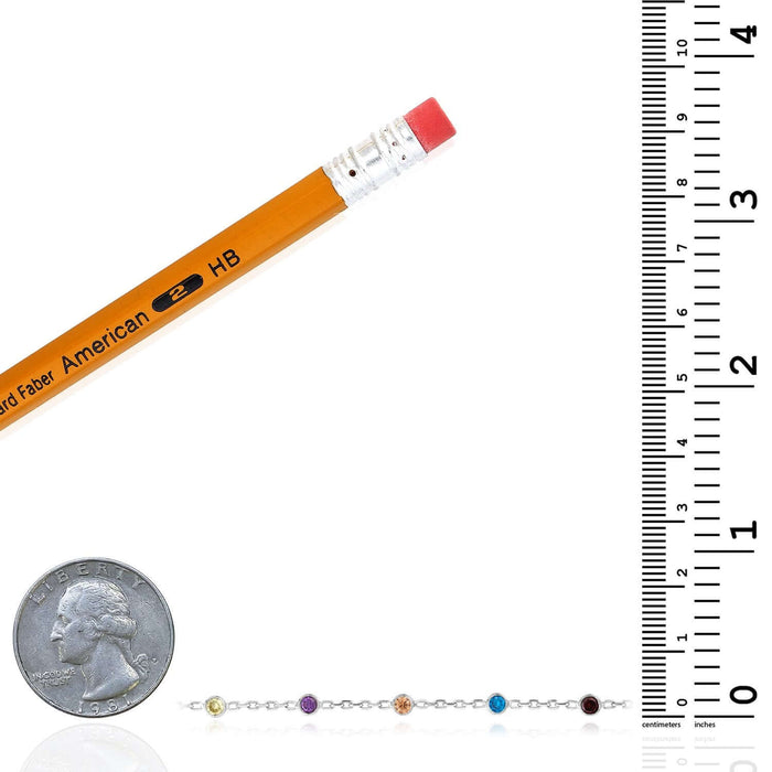 Sterling Silver Multi - Color CZ Bezel Stations Ankle Bracelet (Solid Links) 9" - 10" Adjustable - WJD Exclusives