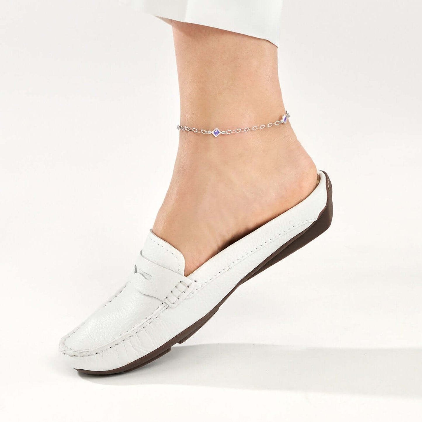 Sterling Silver Purple Princess-Cut CZ Stations Ankle Bracelet 9"-10" Adjustable