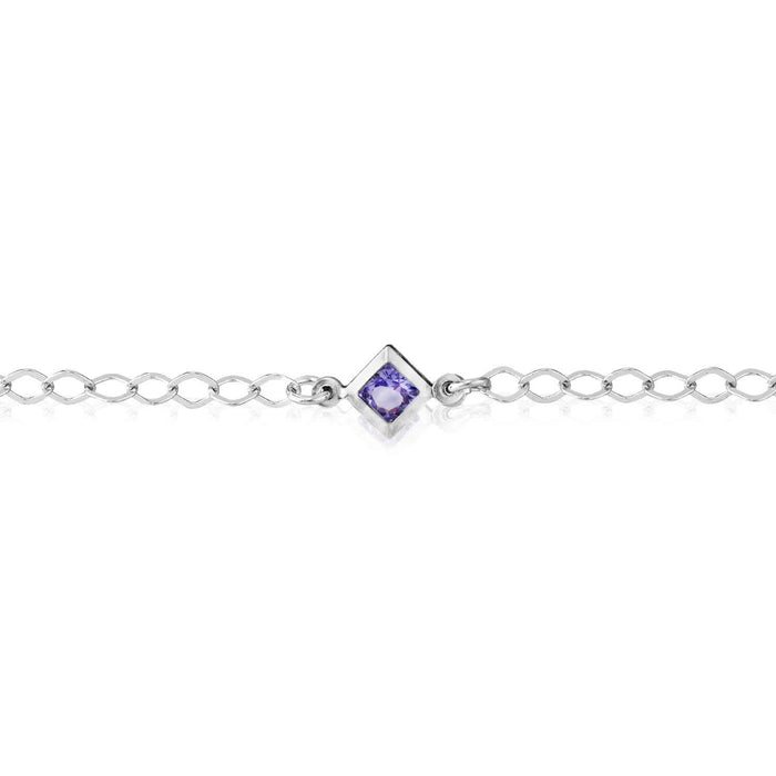 Sterling Silver Purple Princess - Cut CZ Stations Ankle Bracelet (Solid Links) 9" - 10" Adjustable - WJD Exclusives
