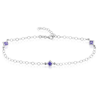 Sterling Silver Purple Princess-Cut CZ Stations Ankle Bracelet 9"-10" Adjustable