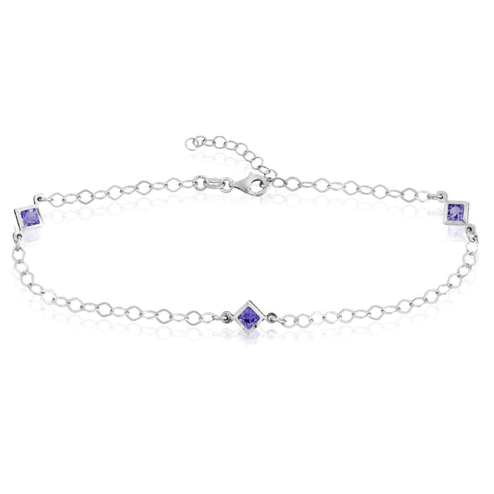 Sterling Silver Purple Princess - Cut CZ Stations Ankle Bracelet (Solid Links) 9" - 10" Adjustable - WJD Exclusives
