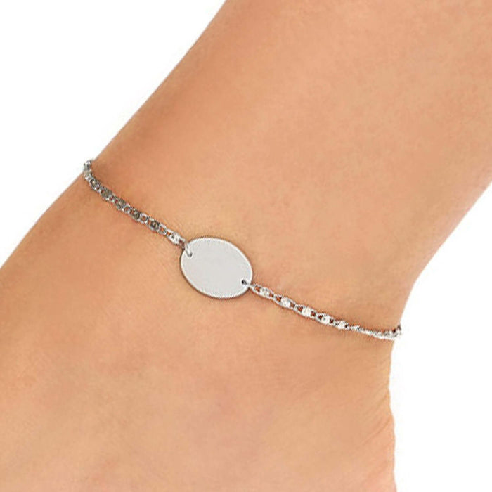 Engravable Sterling Silver Personalized Swirl Ankle Bracelet (Solid Links) 9" - 10" Adjustable - WJD Exclusives