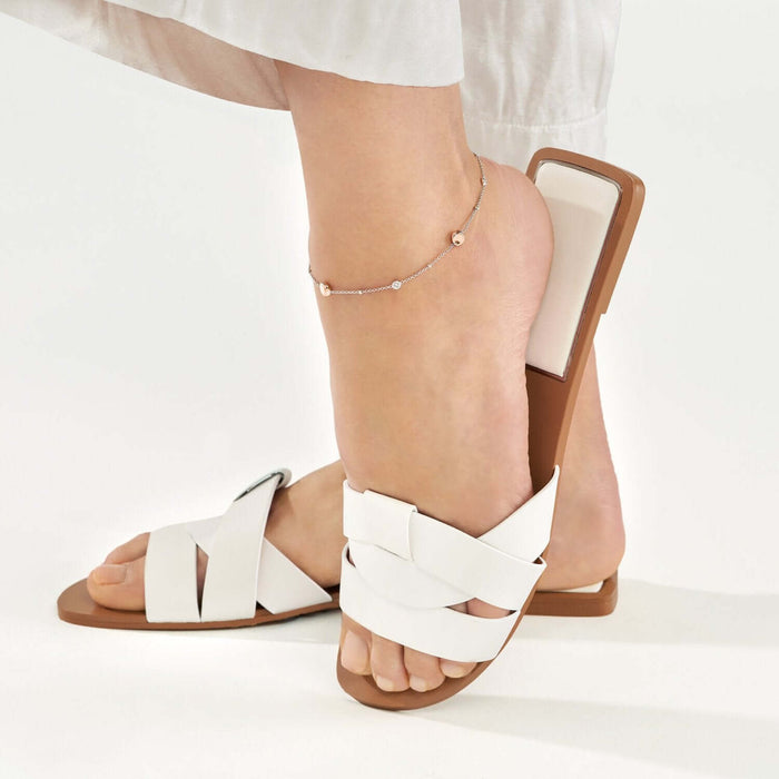 Sterling Silver Rose Gold Beads CZ Stations Ankle Bracelet (Solid Links) 9" - 10" Adjustable - WJD Exclusives