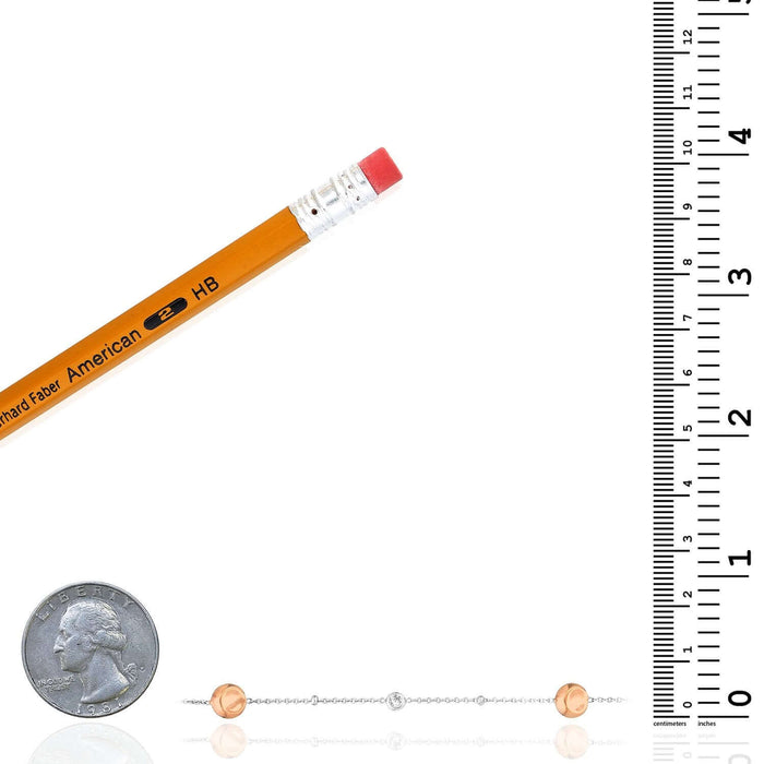 Sterling Silver Rose Gold Beads CZ Stations Ankle Bracelet (Solid Links) 9" - 10" Adjustable - WJD Exclusives