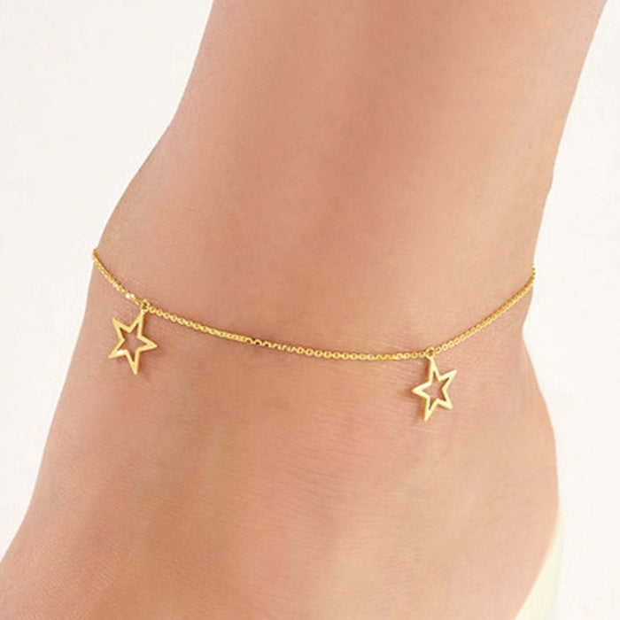 14K Yellow Gold Open Star Charm Ankle Bracelet (Solid Links) 9" - 10" Adjustable - WJD Exclusives