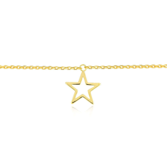 14K Yellow Gold Open Star Charm Ankle Bracelet (Solid Links) 9" - 10" Adjustable - WJD Exclusives