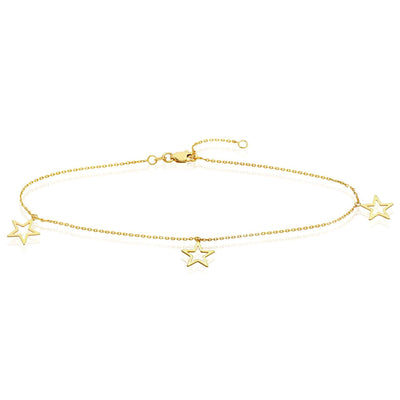 14K Yellow Gold Open Star Charm Ankle Bracelet (Solid Links) 9" - 10" Adjustable - WJD Exclusives