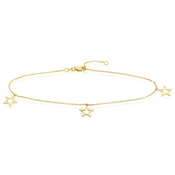 14K Yellow Gold Open Star Charm Ankle Bracelet (Solid Links) 9" - 10" Adjustable - WJD Exclusives