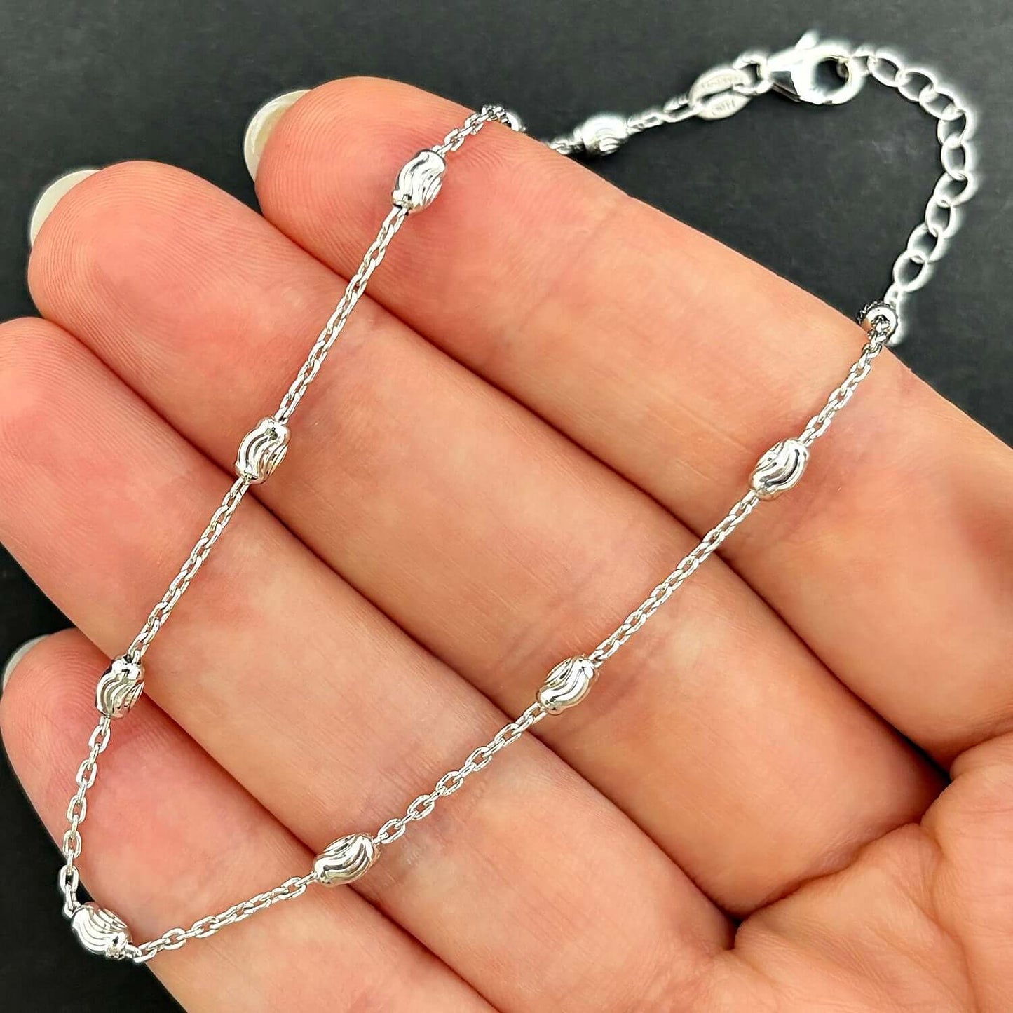 Sterling Silver Oval Moon Station Ankle Bracelet (Solid Links) 9" - 10" Adjustable - WJD Exclusives