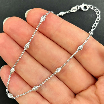 Sterling Silver Oval Moon Station Ankle Bracelet (Solid Links) 9" - 10" Adjustable - WJD Exclusives