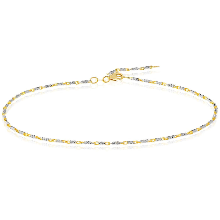 14K Yellow White Gold Bar Lumacina Link Ankle Bracelet (Solid Links) 9" - 10" Adjustable - WJD Exclusives