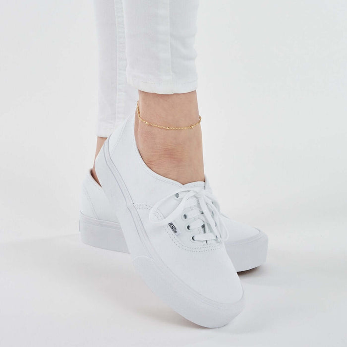 14K Yellow Gold Rolo Chain Bead Stations Ankle Bracelet (Solid Links) 9" - 10" Adjustable - WJD Exclusives