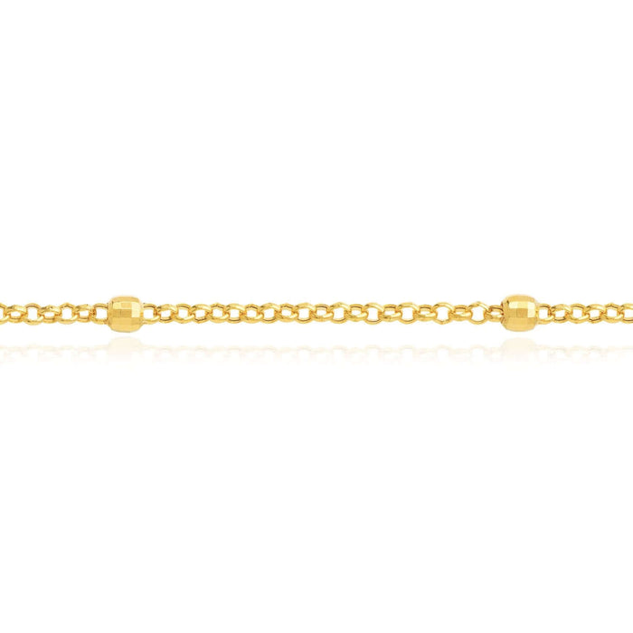 14K Yellow Gold Rolo Chain Bead Stations Ankle Bracelet (Solid Links) 9" - 10" Adjustable - WJD Exclusives