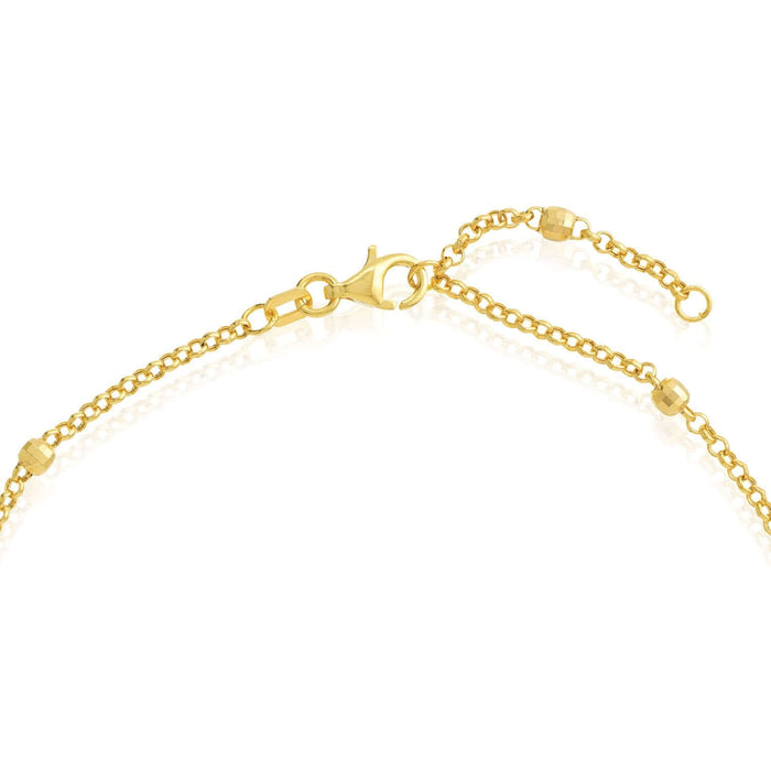 14K Yellow Gold Rolo Chain Bead Stations Ankle Bracelet (Solid Links) 9" - 10" Adjustable - WJD Exclusives