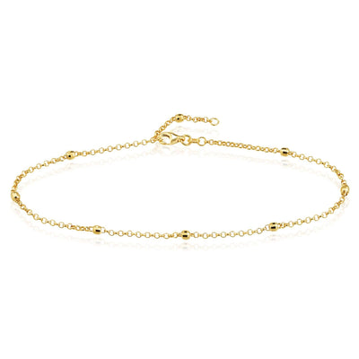 14K Yellow Gold Rolo Chain Bead Stations Ankle Bracelet (Solid Links) 9" - 10" Adjustable - WJD Exclusives