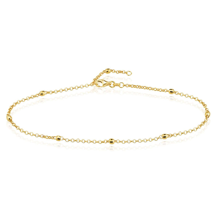 14K Yellow Gold Rolo Chain Bead Stations Ankle Bracelet (Solid Links) 9" - 10" Adjustable - WJD Exclusives