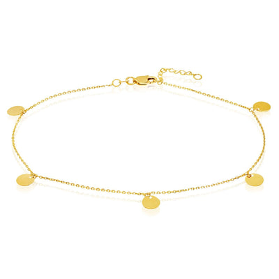 14K Yellow Gold Cable Chain Disc Dangle Charm Ankle Bracelet (Solid Links) 9" - 10" Adjustable - WJD Exclusives