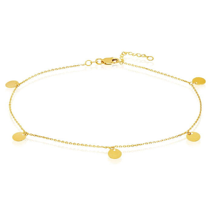 14K Yellow Gold Cable Chain Disc Dangle Charm Ankle Bracelet (Solid Links) 9" - 10" Adjustable - WJD Exclusives