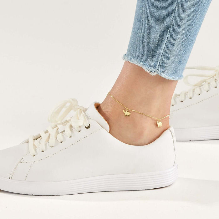 14K Yellow Gold Elephant Charm Diamond - Cut Cable Ankle Bracelet (Solid Links) 9" - 10" Adjustable - WJD Exclusives