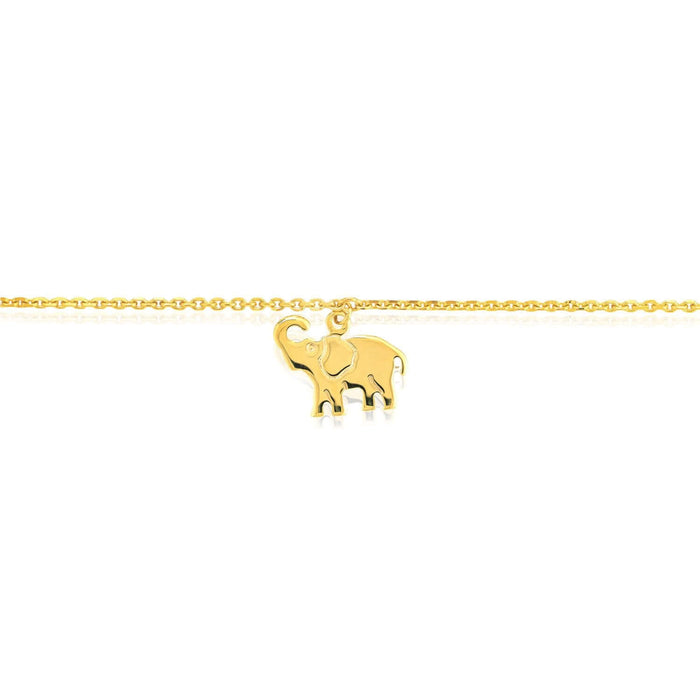 14K Yellow Gold Elephant Charm Diamond - Cut Cable Ankle Bracelet (Solid Links) 9" - 10" Adjustable - WJD Exclusives
