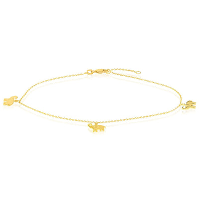 14K Yellow Gold Elephant Charm Diamond - Cut Cable Ankle Bracelet (Solid Links) 9" - 10" Adjustable - WJD Exclusives