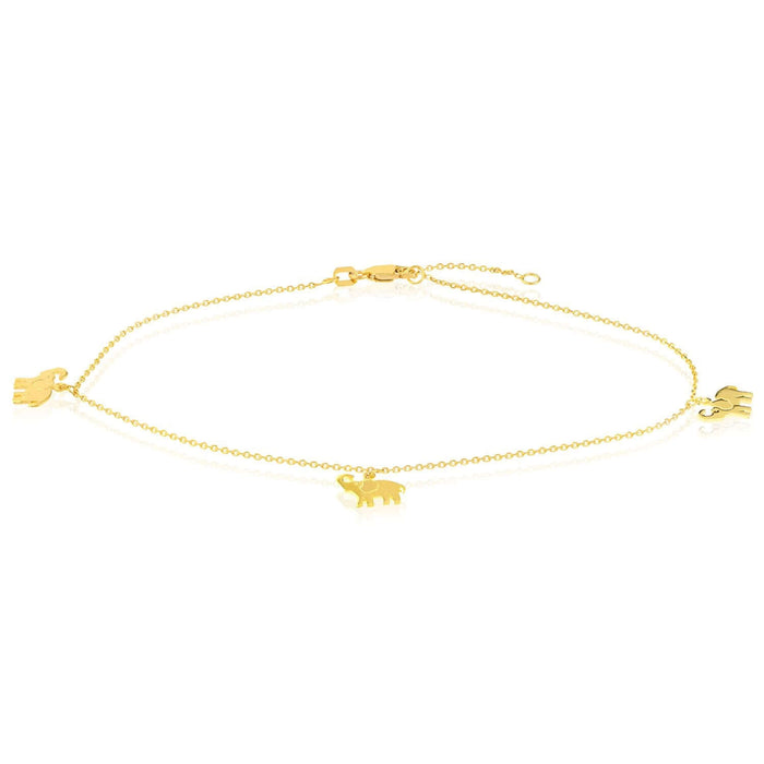 14K Yellow Gold Elephant Charm Diamond - Cut Cable Ankle Bracelet (Solid Links) 9" - 10" Adjustable - WJD Exclusives