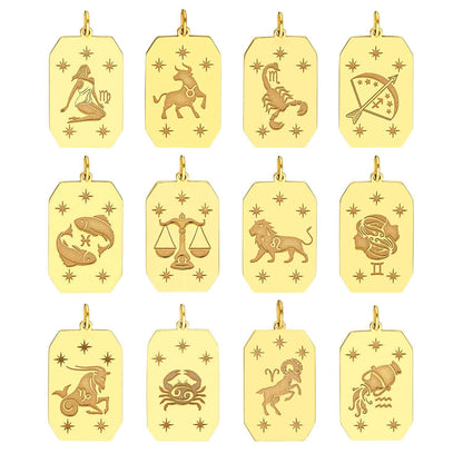 14K Real Gold Astrology Zodiac Sign Dog Tag Pendant 1"