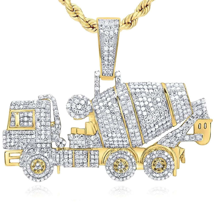 2.75CTW Natural Diamond 10K Gold Cement Truck Pendant 1.6" - WJD Exclusives