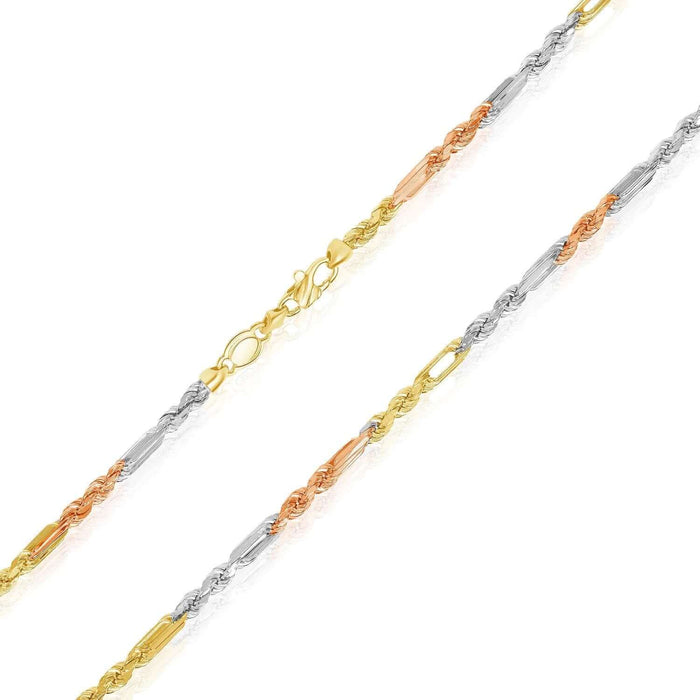 14K Tri - Color Gold 4.3mm Figarope Bracelet (Solid Links) 7.5" 8" - WJD Exclusives