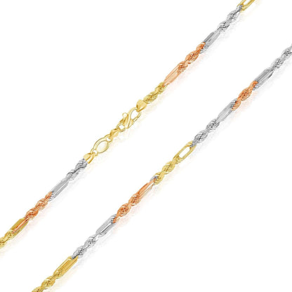 14K Real Gold Tri-Color Rose White Solid 3.5mm Figarope Chain Necklace 18"-26"