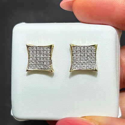 0.30CTW Natural Diamond 10K Yellow Gold Kite Square Stud Earrings 12mm