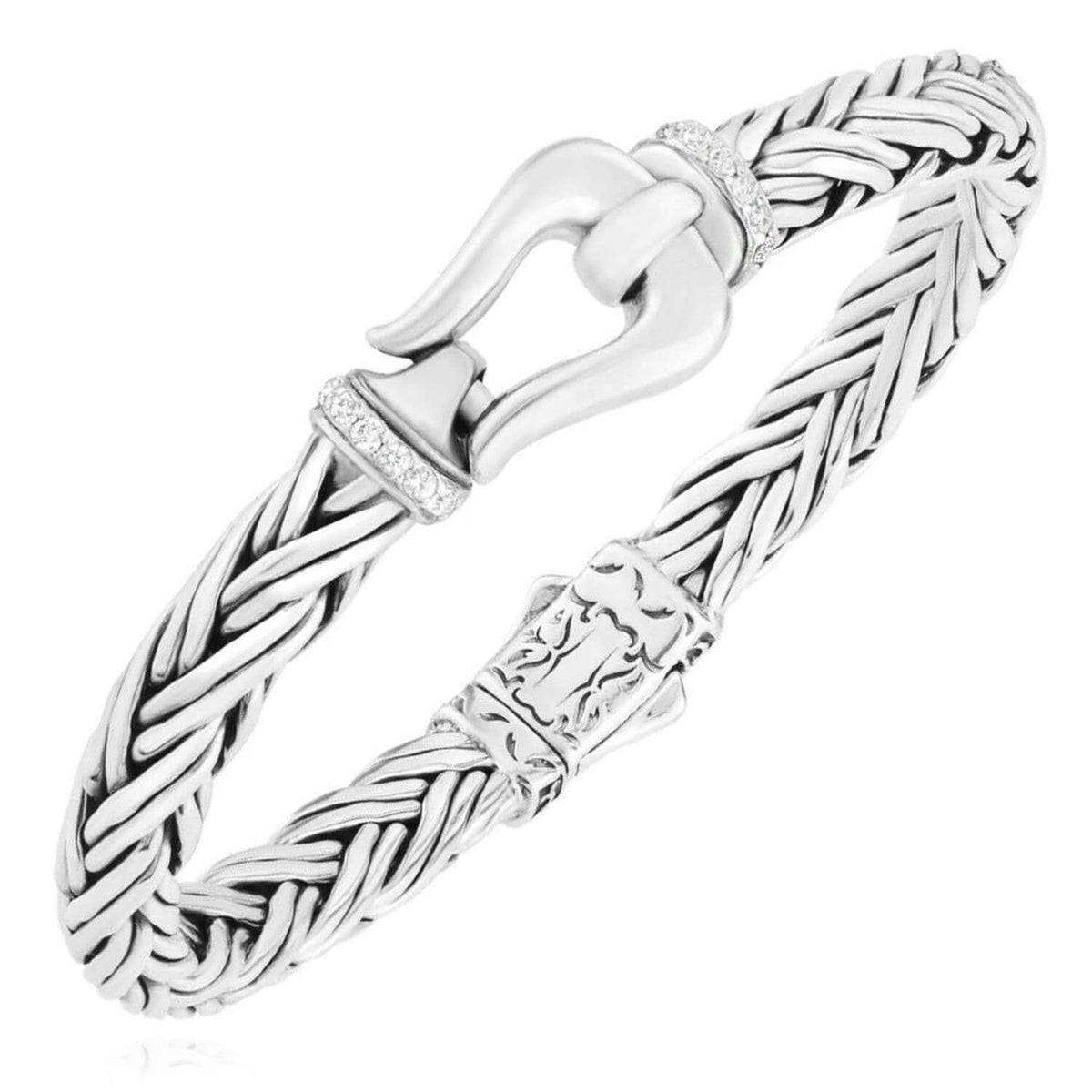0.32CTW Real White Sapphires Sterling Silver 7mm Woven Bracelet (Solid Links) 7.5" 8.25" - WJD Exclusives