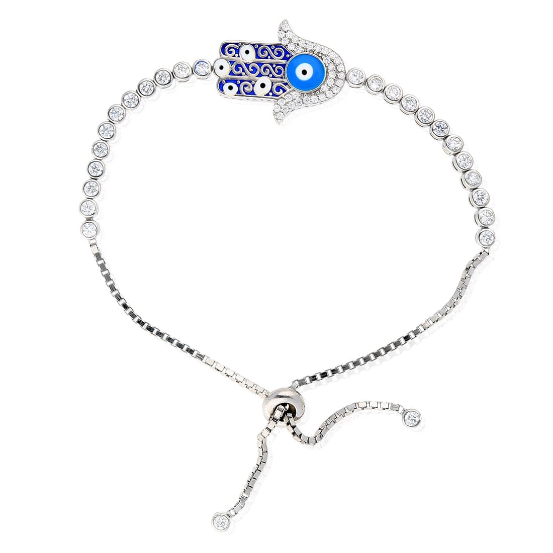 925 Sterling Silver Enamel Hamsa & Evil Eye CZ Bolo Tennis Sliding Bracelet