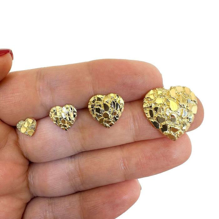 10K Gold Nugget Heart Push Back Stud Earrings 7mm, 10mm, 12mm, 18mm - WJD Exclusives