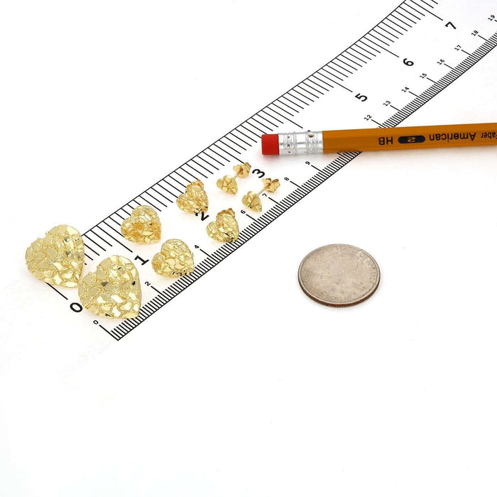 10K Gold Nugget Heart Push Back Stud Earrings 7mm, 10mm, 12mm, 18mm - WJD Exclusives