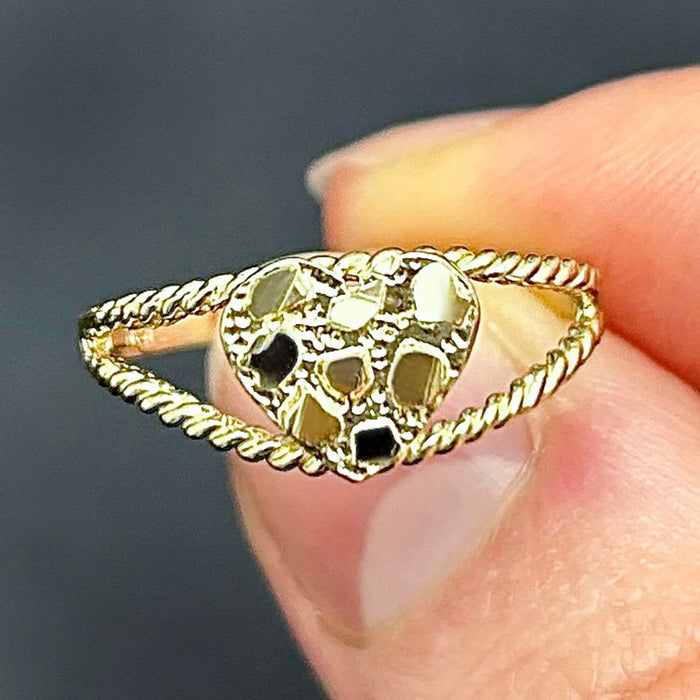 10K Yellow Gold Nugget Heart Split Shank Twisted Rope Ring - WJD Exclusives