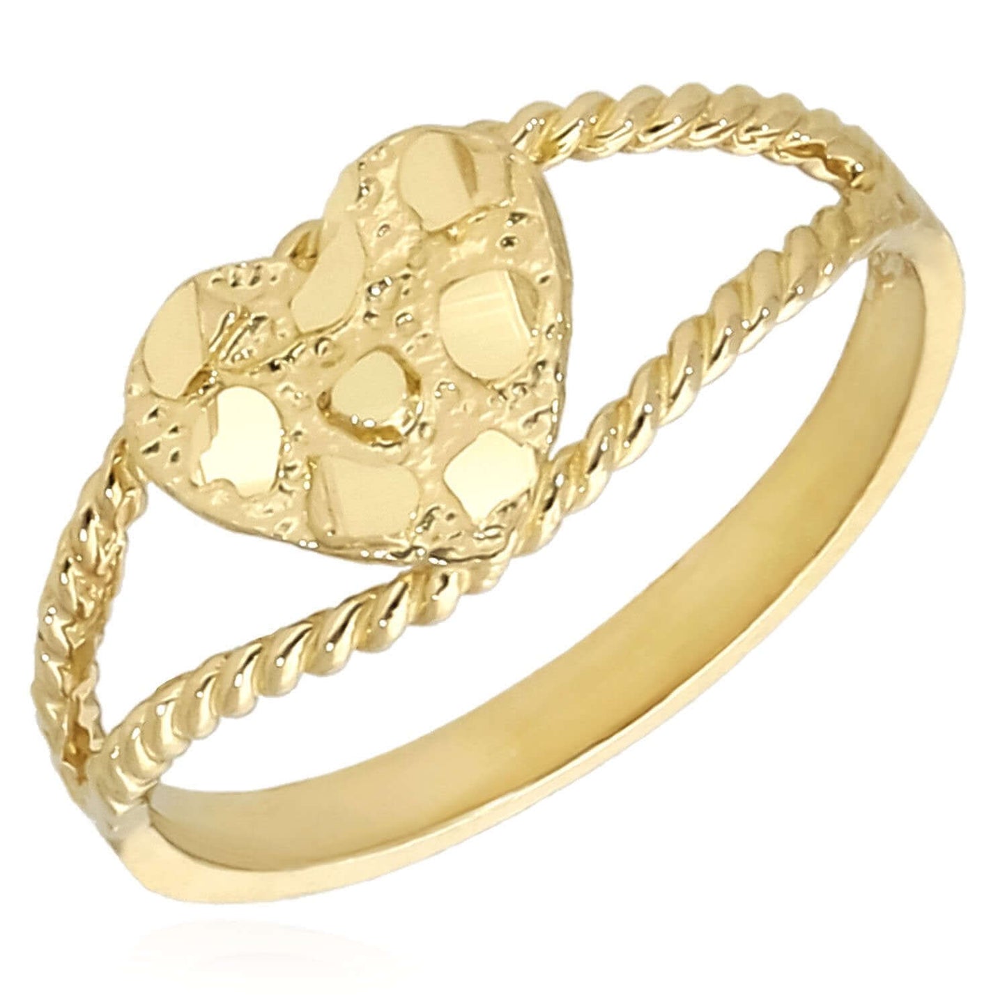 10K Real Gold Nugget Heart Split Shank Twisted Rope Ring