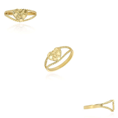 10K Real Gold Nugget Heart Split Shank Twisted Rope Ring