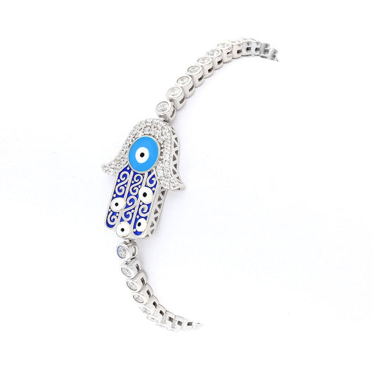 925 Sterling Silver Enamel Hamsa & Evil Eye CZ Bolo Tennis Sliding Bracelet