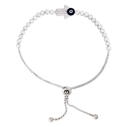 925 Sterling Silver Hamsa & Evil Eye CZ Bolo Tennis Sliding Bracelet
