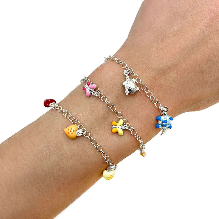 Kids Sterling Silver 3mm Hearts Butterflies Turtles Enamel Charm Bracelet (Solid Links) 6.5" - WJD Exclusives