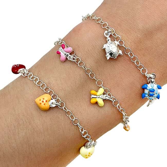 Kids Sterling Silver 3mm Hearts Butterflies Turtles Enamel Charm Bracelet (Solid Links) 6.5" - WJD Exclusives