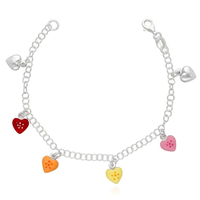 Kids Sterling Silver 3mm Hearts Butterflies Turtles Enamel Charm Bracelet (Solid Links) 6.5" - WJD Exclusives