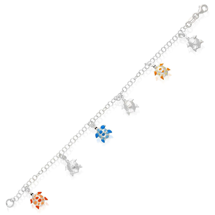 Kids Sterling Silver 3mm Hearts Butterflies Turtles Enamel Charm Bracelet (Solid Links) 6.5" - WJD Exclusives